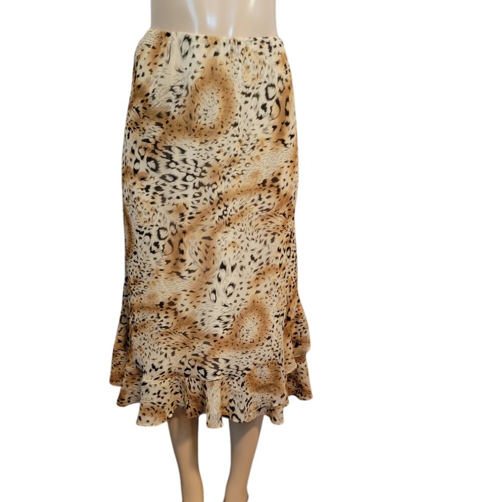Leopard Print Pull On Chiffon Ruffled Calf Length Skirt
